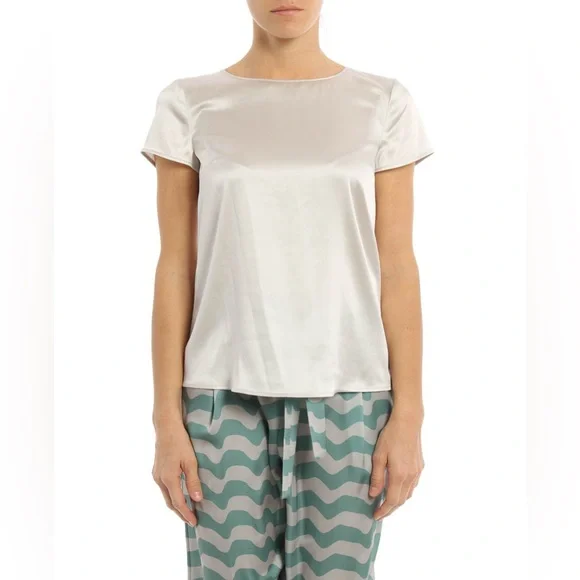 Armani Collezioni Silk Satin Stretch Ivory Short Sleeve Blouse sz 40 Classy - Picture 2 of 13